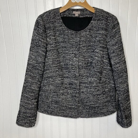 J. Jill Womens SM Black White Gray Tweed Wool Blend Collarless Snap Front Jacket - Picture 1 of 12